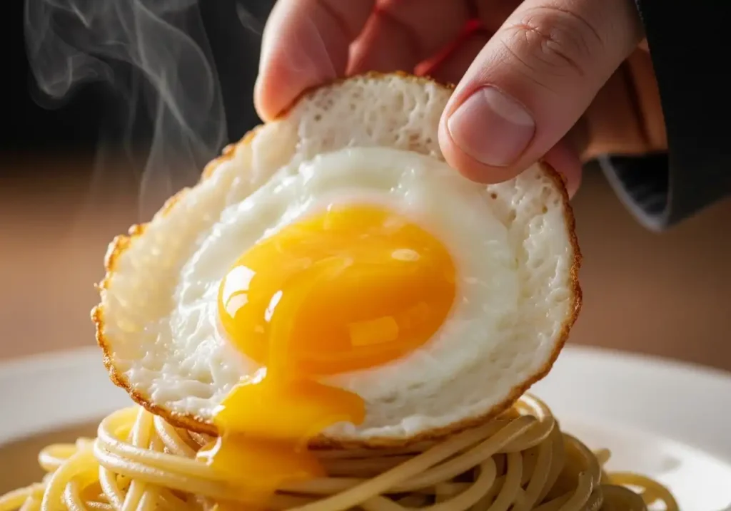 Disporre gli spaghetti su un piatto. Guarnire con un uovo fritto.
