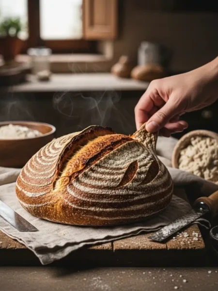 Pane con licoli appena sfornato su tagliere di legno, crosta croccante con “orecchio” ben marcato e lieve vapore, cucina rustica italiana sullo sfondo.