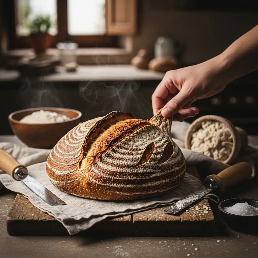 Pane con licoli appena sfornato su tagliere di legno, crosta croccante con “orecchio” ben marcato e lieve vapore, cucina rustica italiana sullo sfondo.