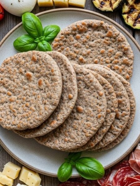 Presentazione finale delle piadine di grano saraceno con contorni.