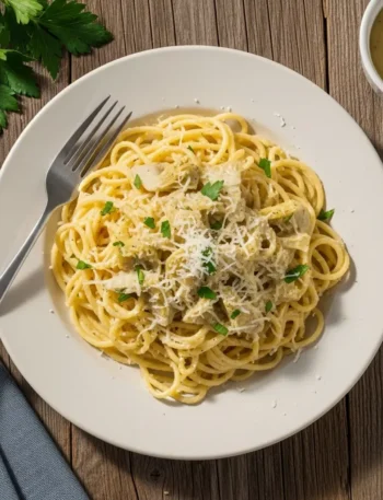 Vista dall’alto di pasta con sugo di carciofi ligure.