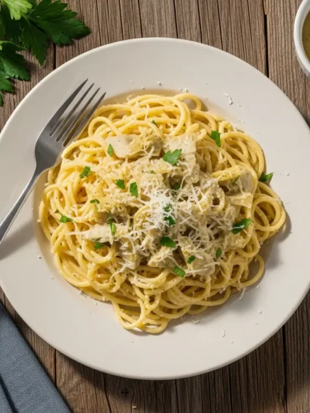 Vista dall’alto di pasta con sugo di carciofi ligure.