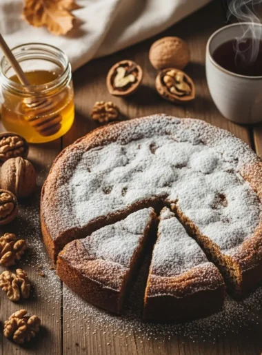 Vista dall’alto della torta alla farina di castagne decorata con zucchero a velo.