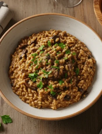 Risotto ai funghi porcini servito caldo con prezzemolo fresco