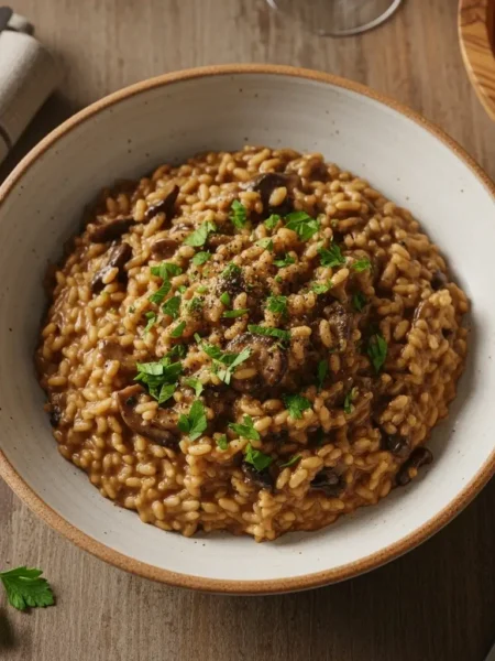 Risotto ai funghi porcini servito caldo con prezzemolo fresco
