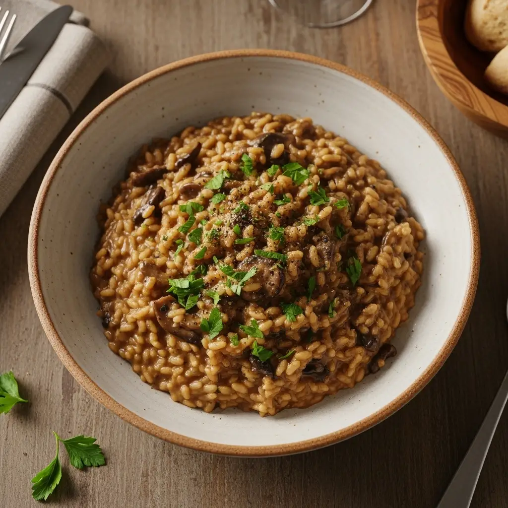 Risotto ai funghi porcini servito caldo con prezzemolo fresco