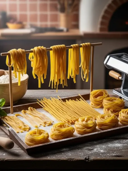 Vista dall’alto di tagliatelle fresche condite con salsa di pomodoro e basilico