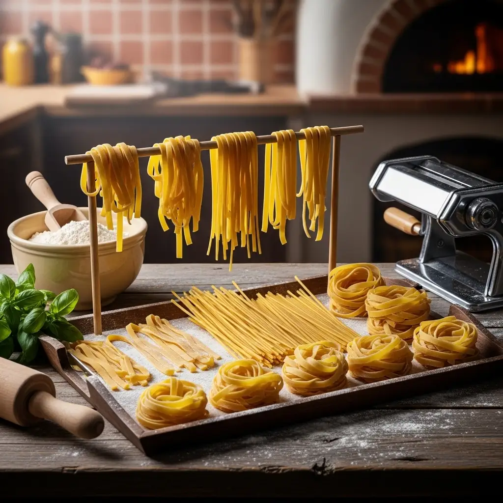 Vista dall’alto di tagliatelle fresche condite con salsa di pomodoro e basilico
