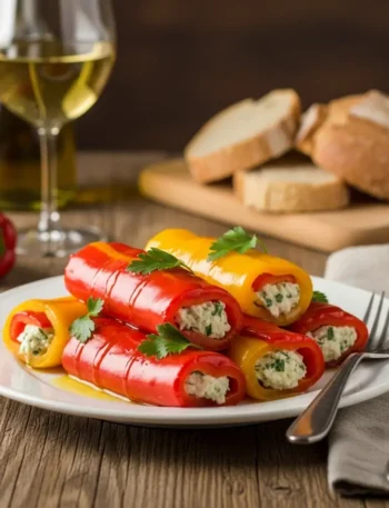 Presentazione finale dei peperoni ripieni su un piatto con erbe fresche.