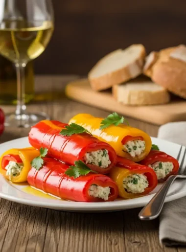 Presentazione finale dei peperoni ripieni su un piatto con erbe fresche.