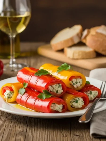 Presentazione finale dei peperoni ripieni su un piatto con erbe fresche.