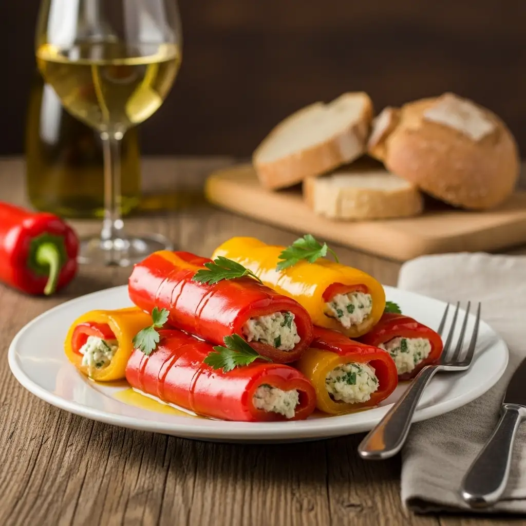 Presentazione finale dei peperoni ripieni su un piatto con erbe fresche.