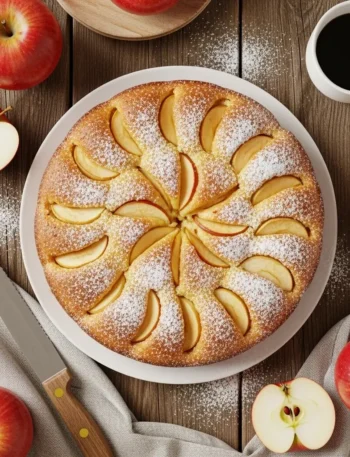 Vista dall’alto della torta di mele cotta e decorata