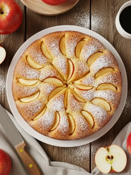 Vista dall’alto della torta di mele cotta e decorata