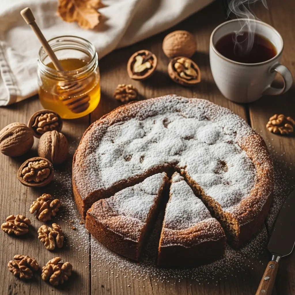 Vista dall’alto della torta alla farina di castagne decorata con zucchero a velo.