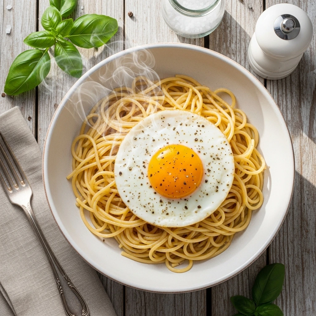 Spaghetti con luovo fritto Ricetta semplice e veloce