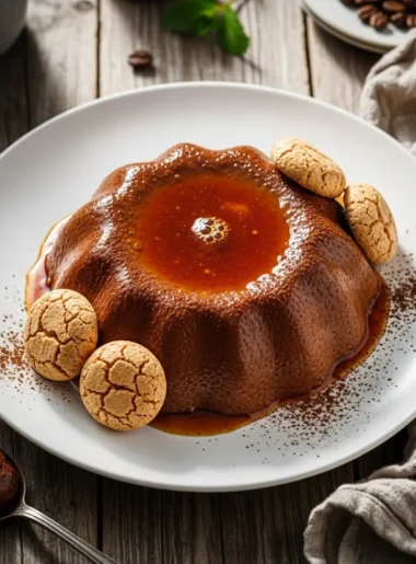 Bunet piemontese servito con amaretti e cacao in polvere.