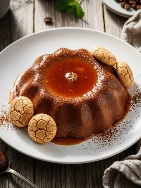 Bunet piemontese servito con amaretti e cacao in polvere.