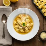 Vista dall'alto di una ciotola di cappelletti romagnoli nel brodo con parmigiano e scorza di limone.