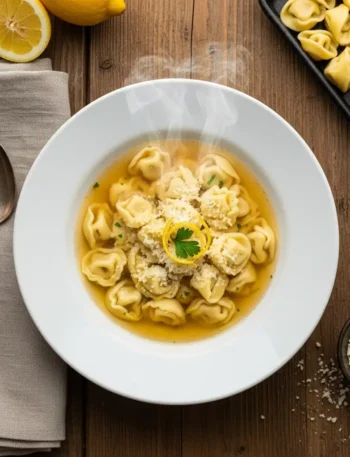 Vista dall'alto di una ciotola di cappelletti romagnoli nel brodo con parmigiano e scorza di limone.