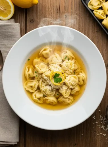 Vista dall'alto di una ciotola di cappelletti romagnoli nel brodo con parmigiano e scorza di limone.