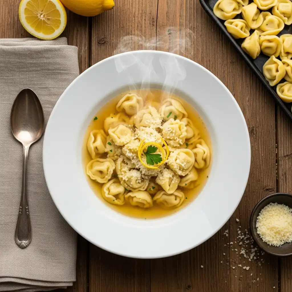 Vista dall'alto di una ciotola di cappelletti romagnoli nel brodo con parmigiano e scorza di limone.